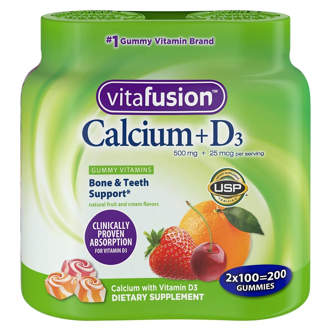 Vitafusion Calcium+D3 Gummy Vitamins With Bone Support For Adults, 500mg, 100 Count, 2 Pack