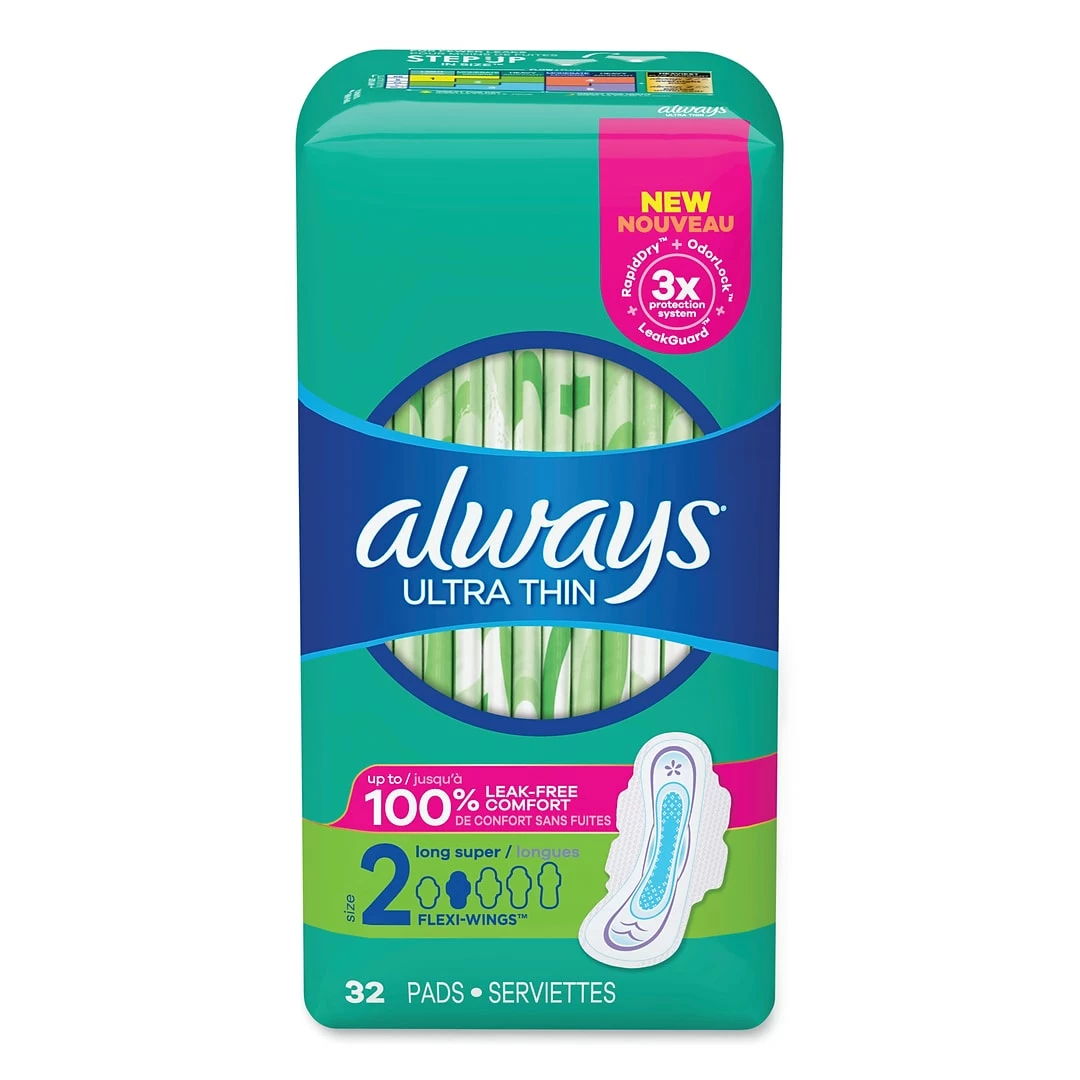 Always® Ultra Thin Pads With Wings, Size 2, Long, Super Absorbent, 32/Pack, 3 Packs/Carton