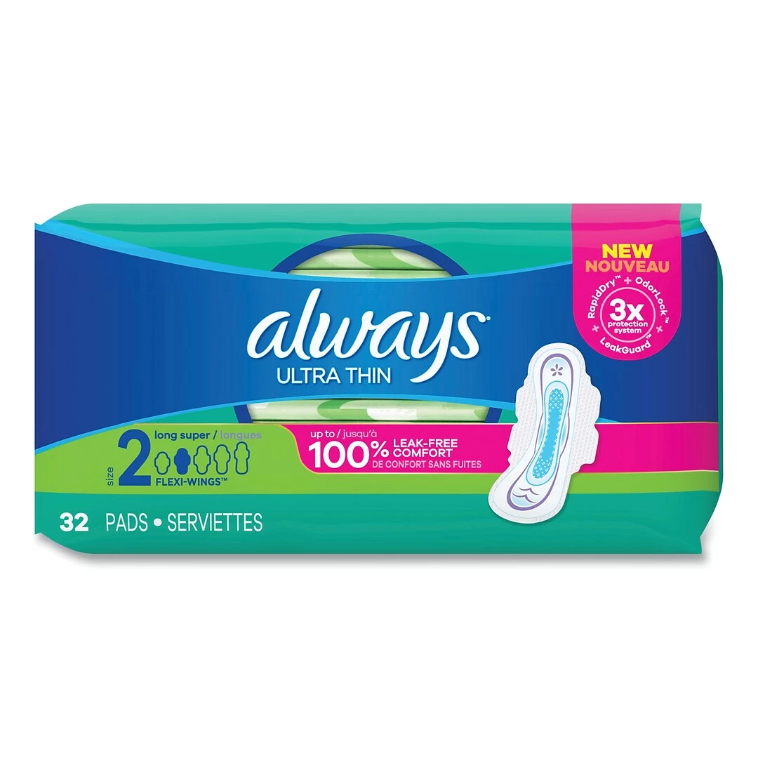 Always® Ultra Thin Pads With Wings, Size 2, Long, Super Absorbent, 32/Pack, 3 Packs/Carton - Image 2