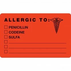 Medical Arts Press® Allergy Warning Medical Labels, Allergic To, Fluorescent Red, 2-1/2x4", 100 Labels