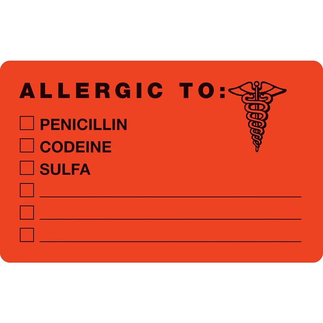 Medical Arts PressĀ® Allergy Warning Medical Labels, Allergic To, Fluorescent Red, 2-1/2x4", 100 Labels