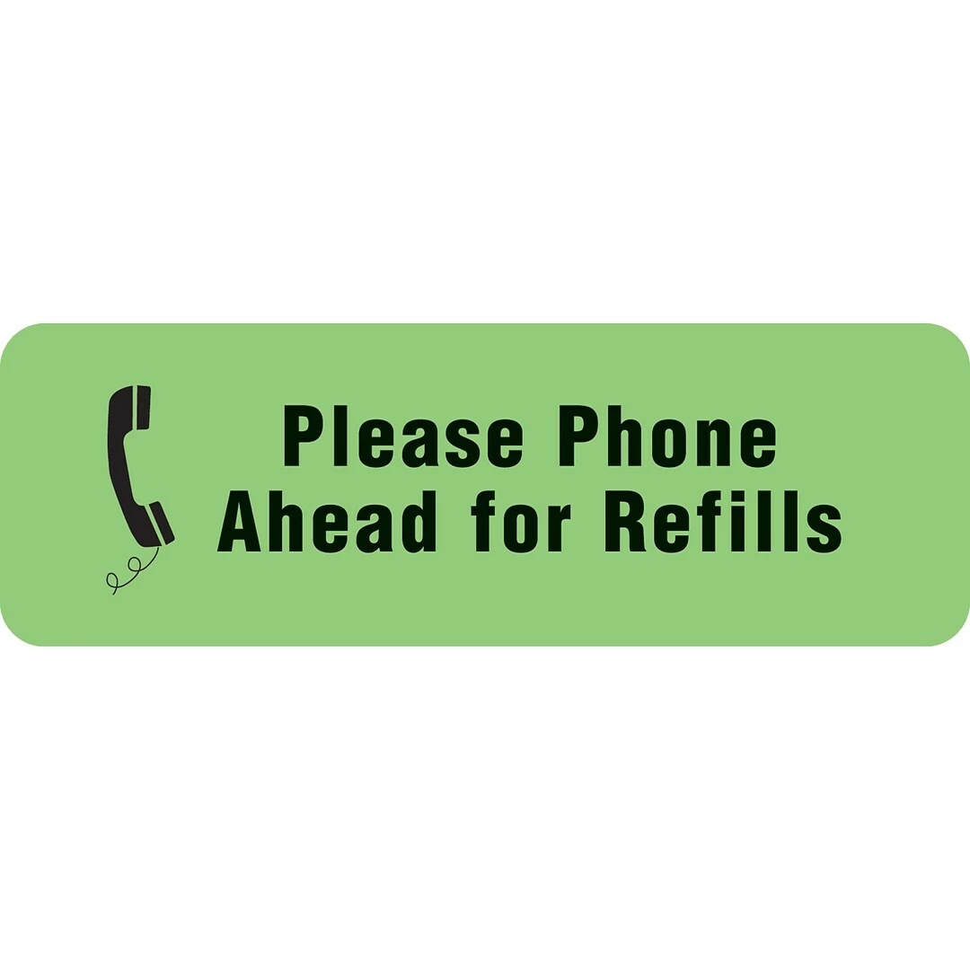 Medical Arts Press® Medication Instruction Labels, Phone Ahead For Refills, Fl Green, 1/2x1-1/2", 500 Labels