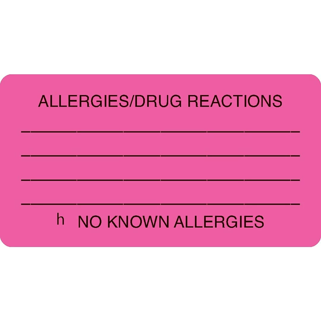Medical Arts Press® Allergy Warning Medical Labels, Allergies/Drug Reactions, Fluorescent Pink, 1-3/4x3-1/4", 250 Lbls