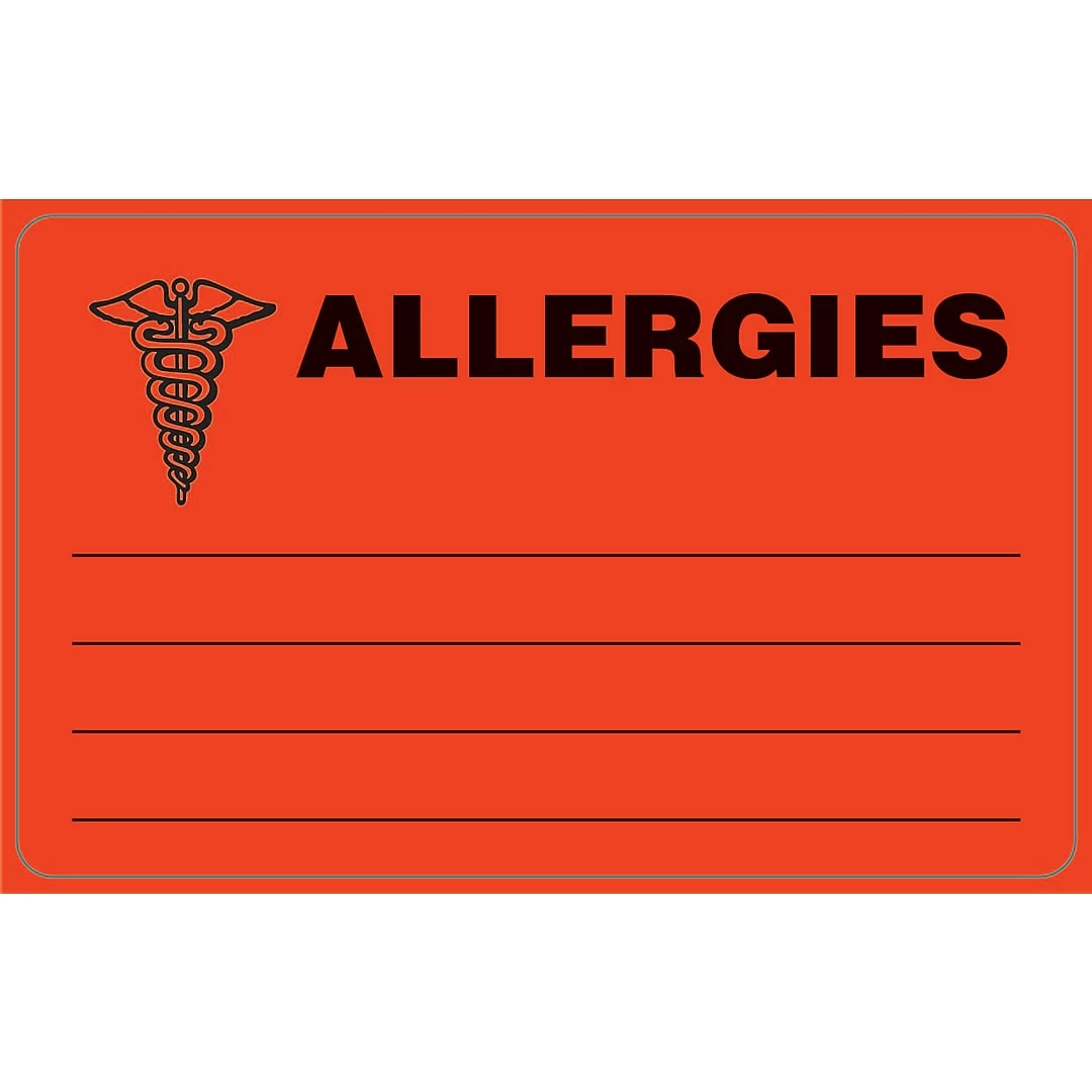 Medical Arts Press Allergy Warning Medical Labels, Allergies, Fluorescent Red, 2-1/2x4", 100 Labels (37067)