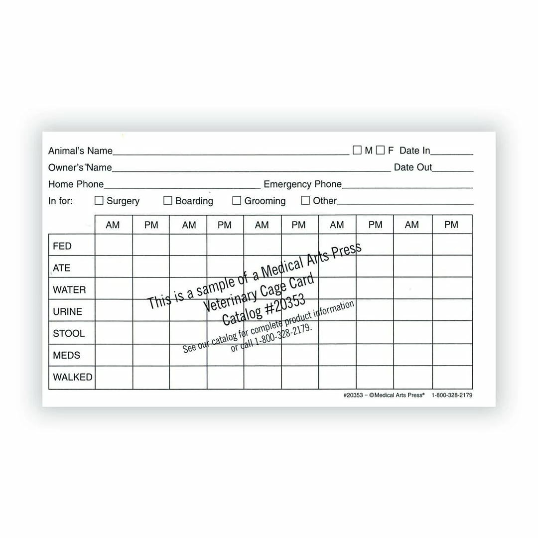 Medical Arts Press® Vet Cage Card, Provides A Record Of Twice Daily Care, 3x5"