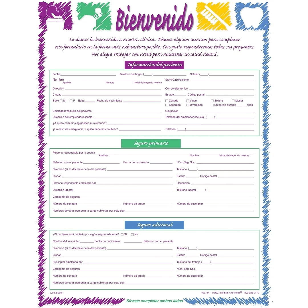 Medical Arts Press® Registration Forms Without Updates Section; Dental Sketch, Spanish