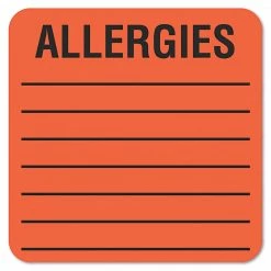 Tabbies® Medical Labels "ALLERGIES", 2" X 2", Fluorescent Red, 500/Roll