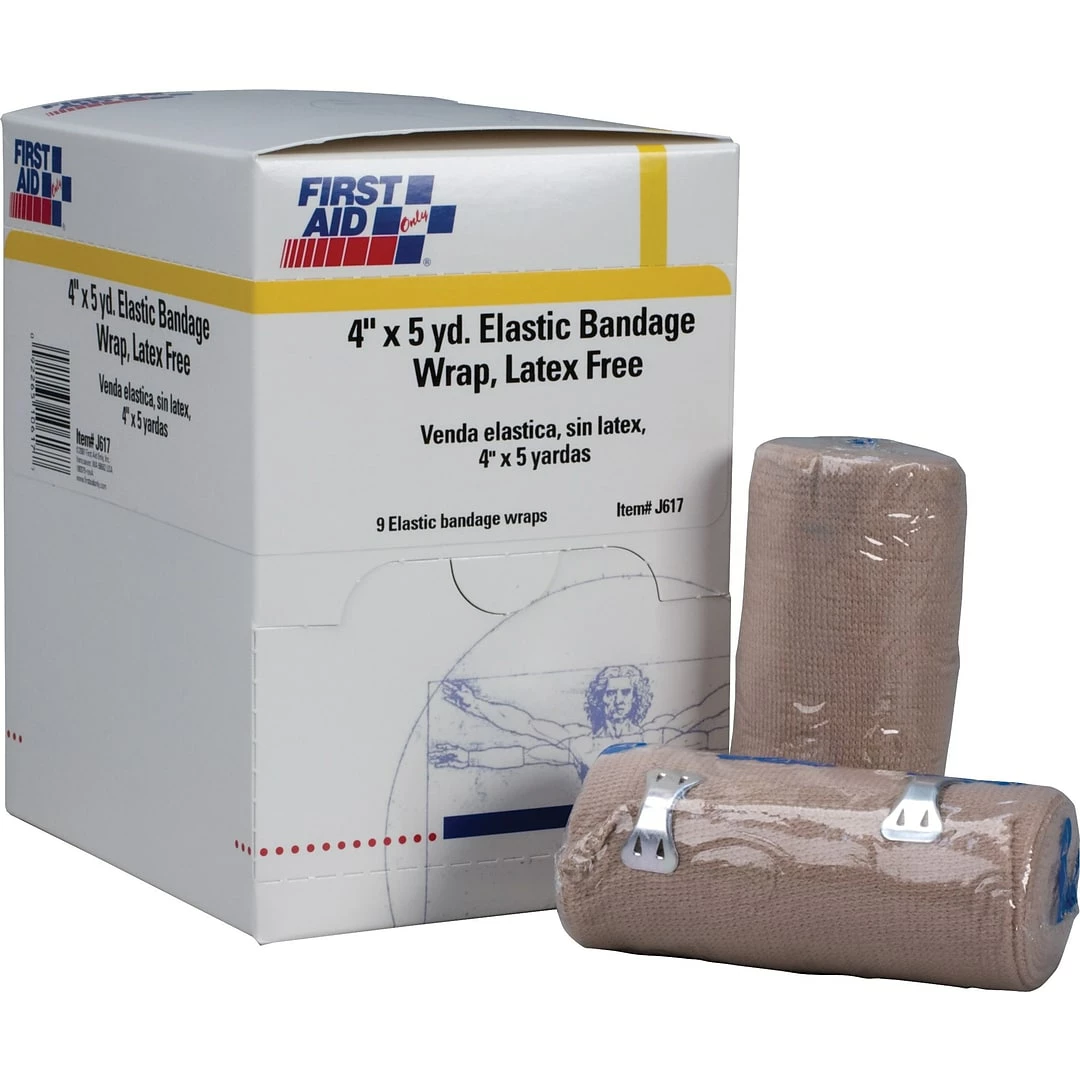 First Aid Only™ Elastic Bandage Wrap W/ 2 Fasteners, Latex-free, 4" X 5yd, 9/box