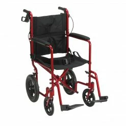 Drive Medical Lightweight Expedition Transport Wheelchair With Hand Brakes Red (EXP19LTRD)