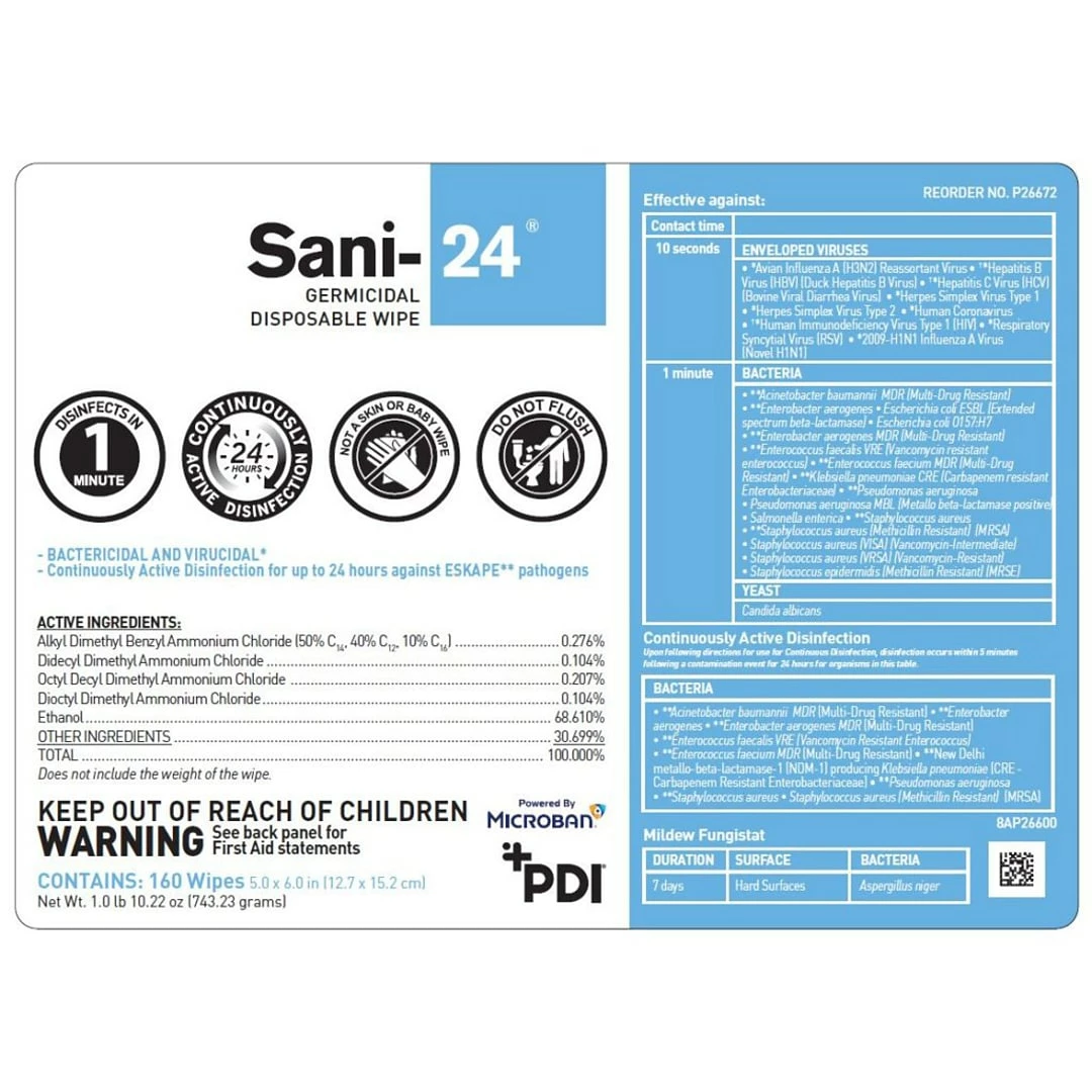 Sani-Cloth PDI Sani-24 Germicidal Disposable Disinfecting Wipes, 160/Canister, 12 Canisters/Carton (P26672CT) - Image 3