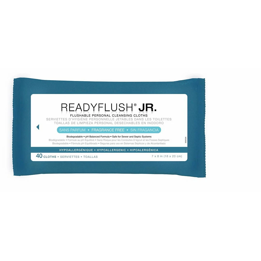 ReadyFlush® JR Flushable Wet Wipes, 7 X 8", Fragrance-free, Soft Pack Container, 40 Wipes/Package, 24 Packages/Pack