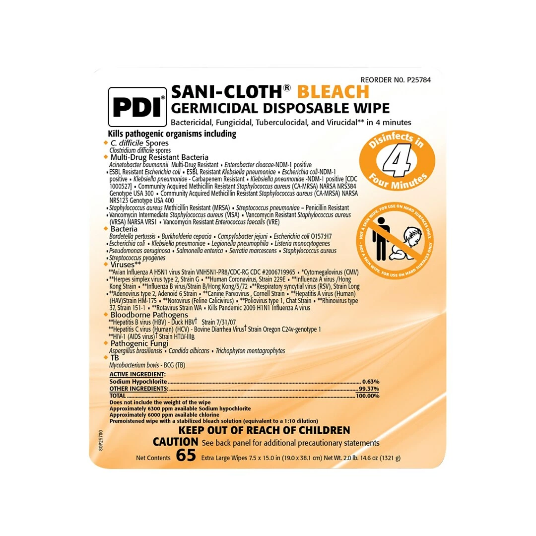 PDI Sani-Cloth Bleach Wipes, 65/Pack (P25784) - Image 2