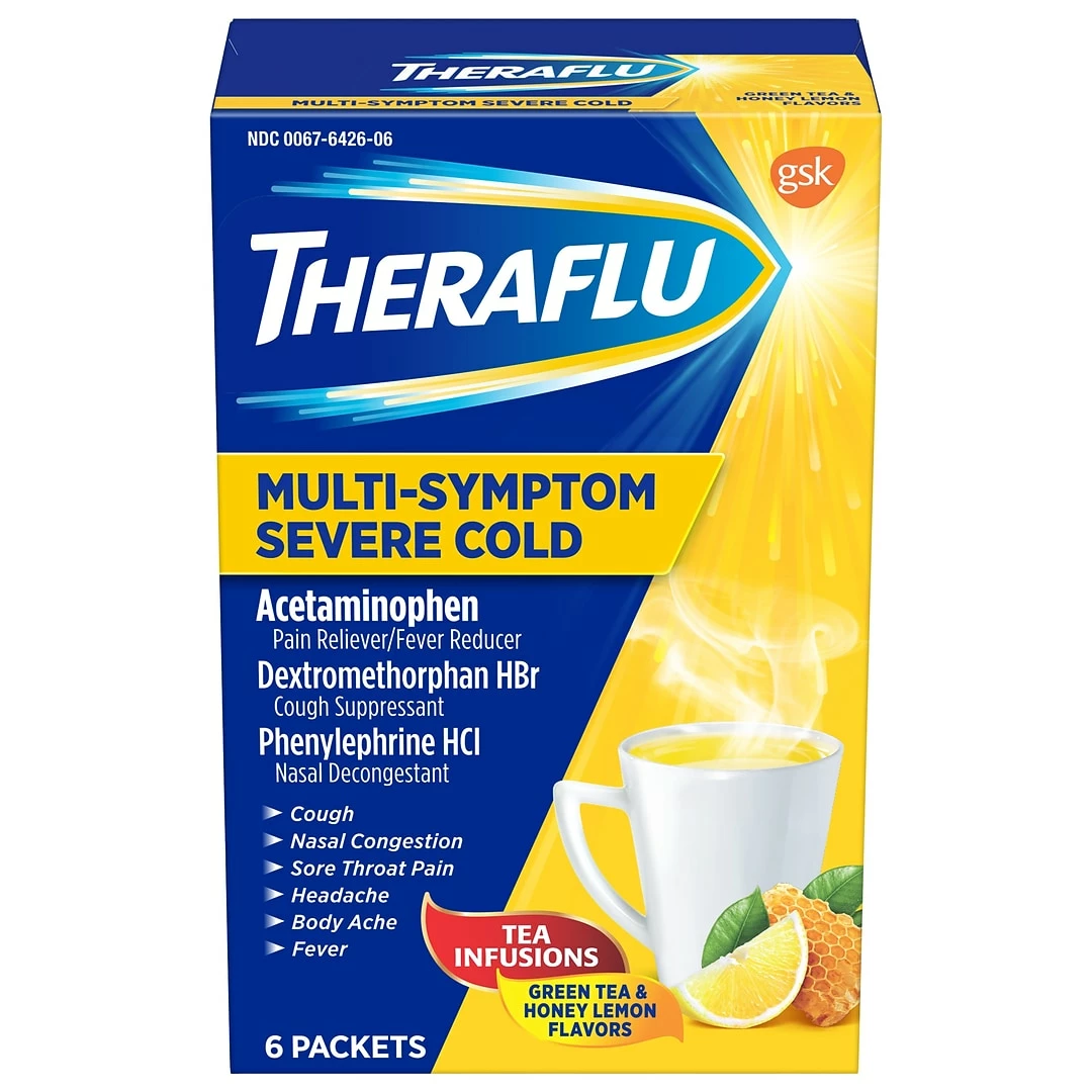 Theraflu Multi-Symptom Severe Cold Hot Liquid Powder Tea Infusions Green Tea And Honey Lemon Flavors 6 Count Box (24473012)