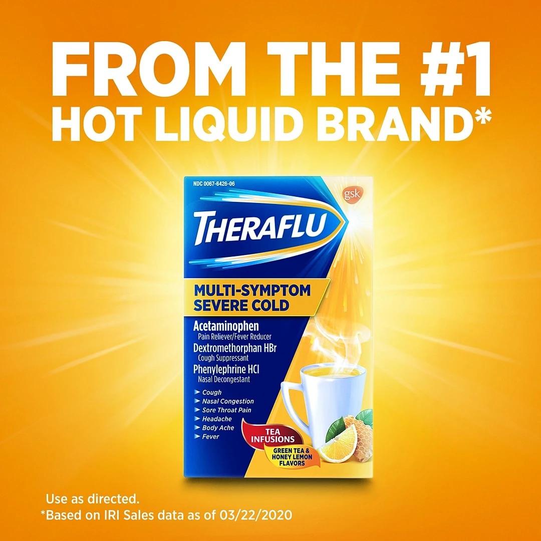 Theraflu Multi-Symptom Severe Cold Hot Liquid Powder Tea Infusions Green Tea And Honey Lemon Flavors 6 Count Box (24473012) - Image 3