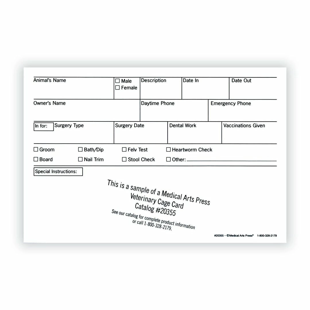 Medical Arts PressĀ® Vet Cage Card, Check Off Boxes For A Variety Of Services, 4x6"