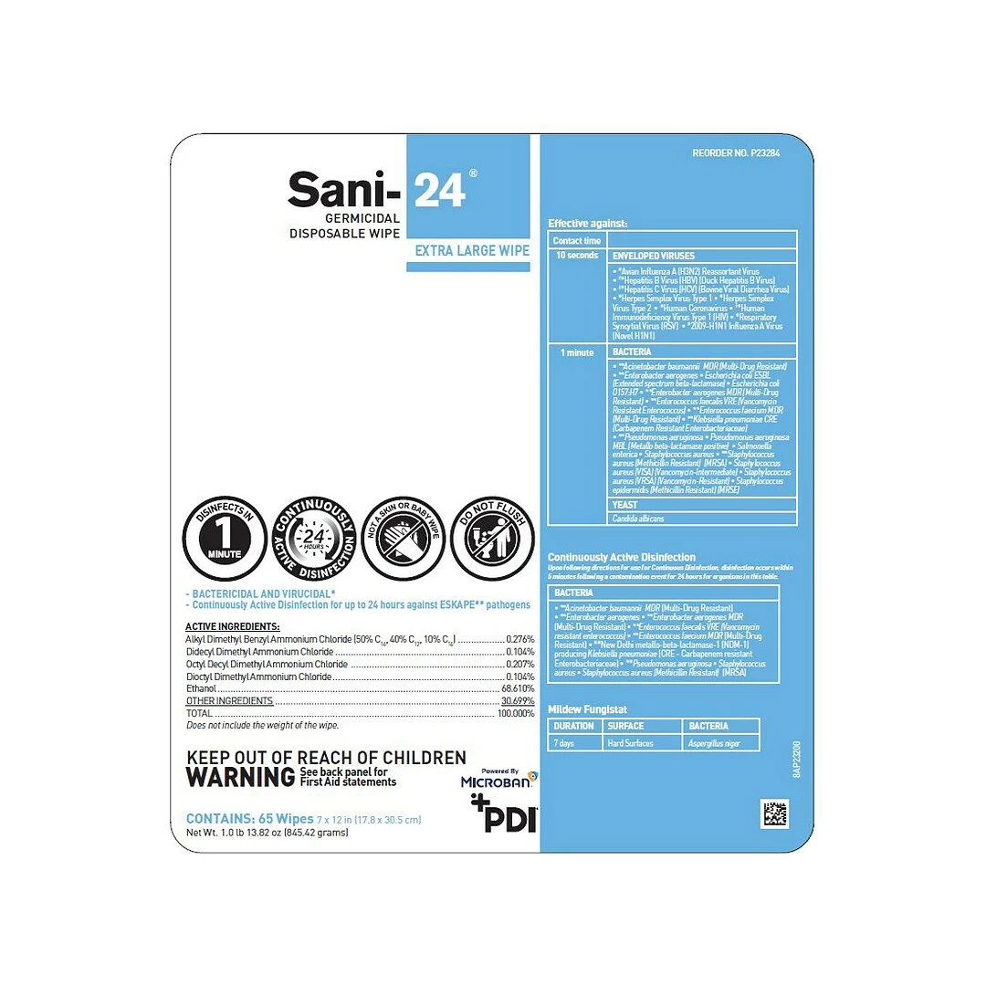 Sani-Cloth PDI Sani-24 Germicidal Disposable Disinfecting Wipes, 65/Canister, 6 Canisters/Carton (P23284CT) - Image 3