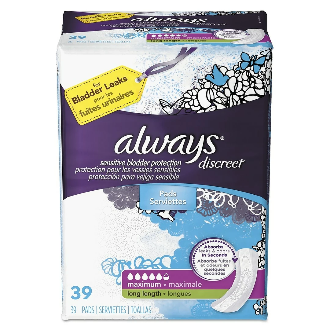 Always® Discreet Sensitive Bladder Protection Pads, Maximum, Extra Long, 39 Pads/Pack, 3 Packs/Carton