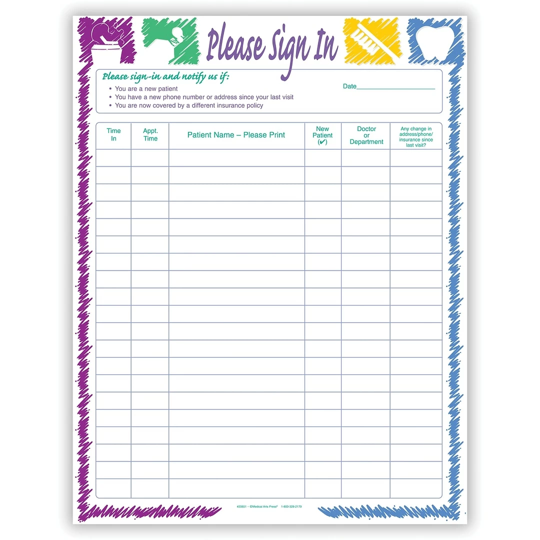 Medical Arts Press® Traditional Sign-In Sheets; Scribble Border, 100 Sheets/Pad, 5 Pads/Pack
