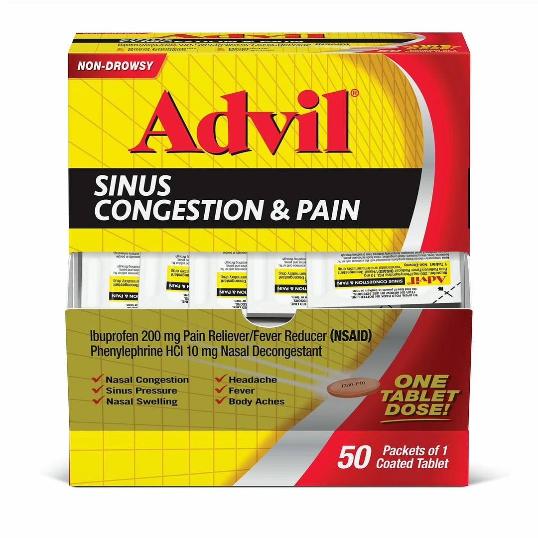 AdvilĀ® Sinus Congestion & Pain Relief, Pain & Fever Reducer, 1/Pack, 50/Box (019901)