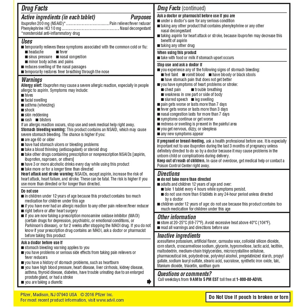 AdvilĀ® Sinus Congestion & Pain Relief, Pain & Fever Reducer, 1/Pack, 50/Box (019901) - Image 9