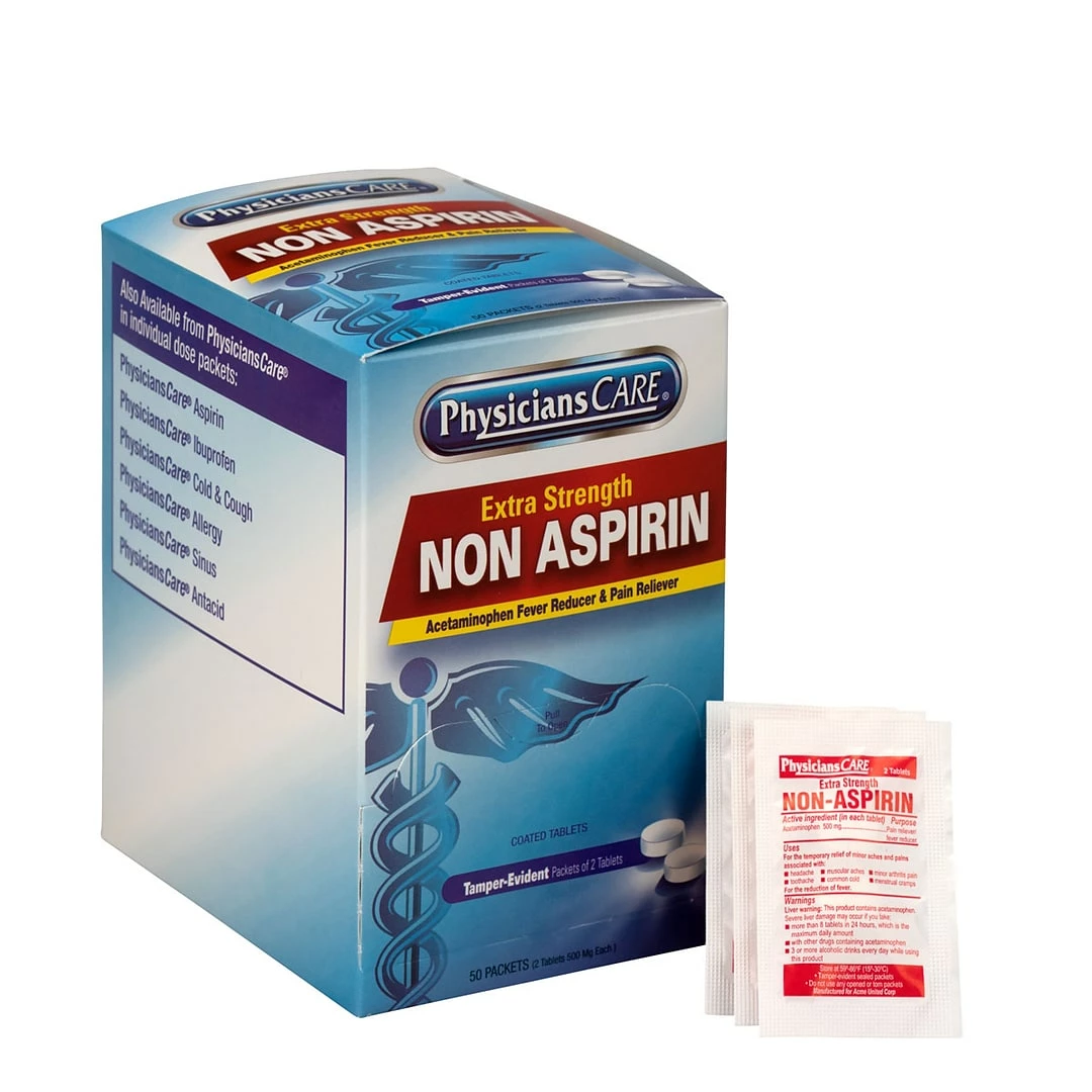 PhysiciansCare Physicians Care Non Aspirin 500mg Acetaminophen Pain Reliever, 2/Packet, 50 Packets/Box (90016)