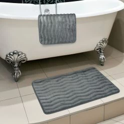 Lavish Home 20.2" X 32.2" Microfiber Foam & Polyurethane Bath Mat Set; Platinum