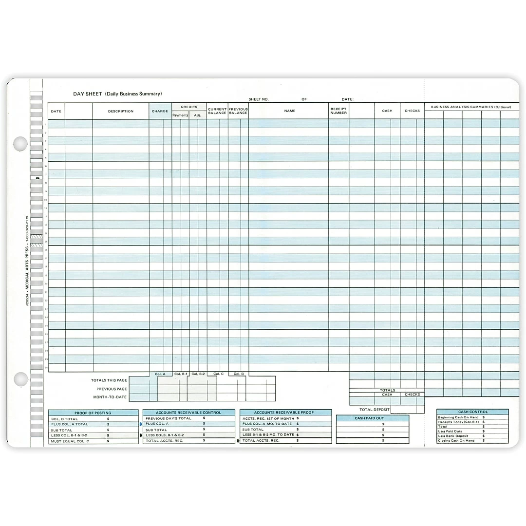 Medical Arts Press® Replacement Day Sheet Forms; Day Sheet No Deposit Slip, Format 276